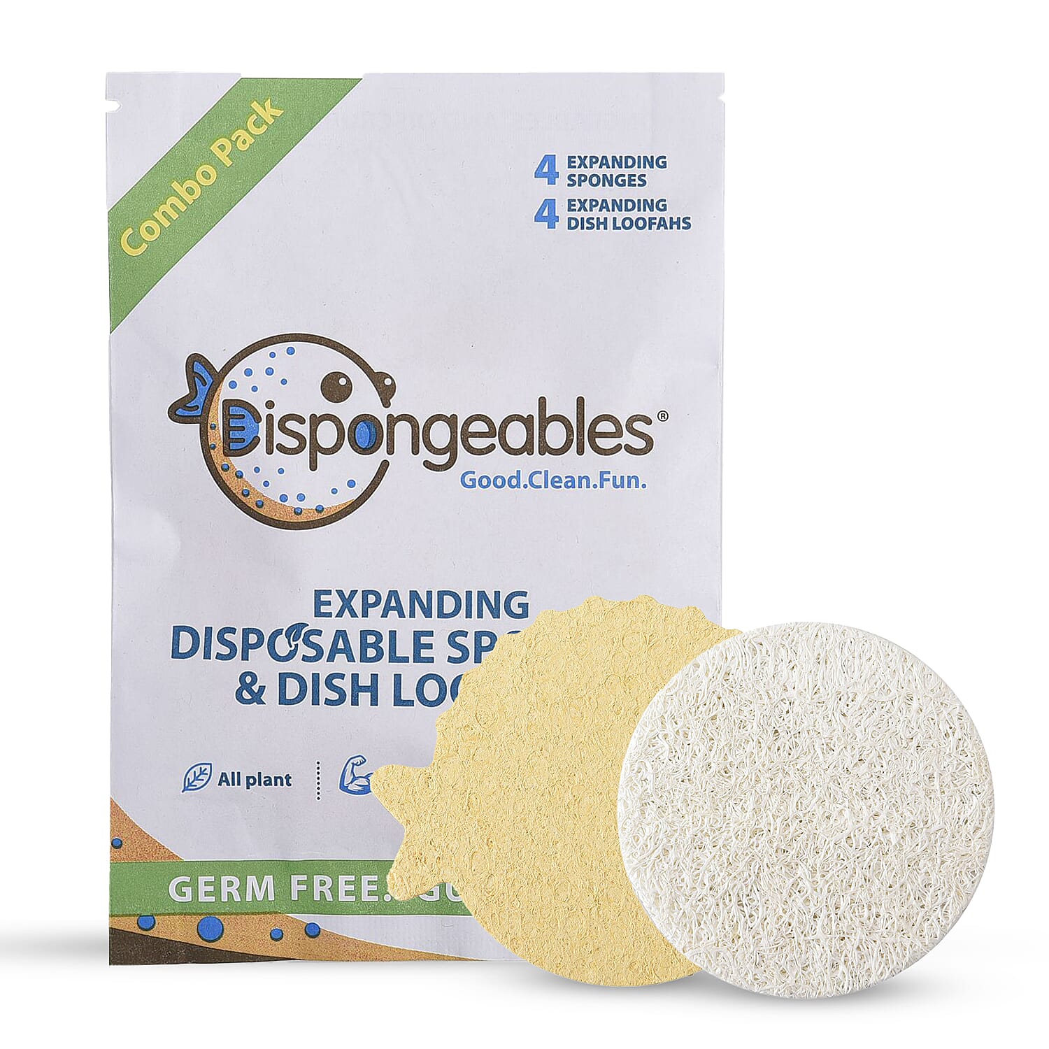 Biodegradable 8 Piece Set - 4 Pack of Fish Dispongeables & 4 Circular Discrubbables - Yellow & White